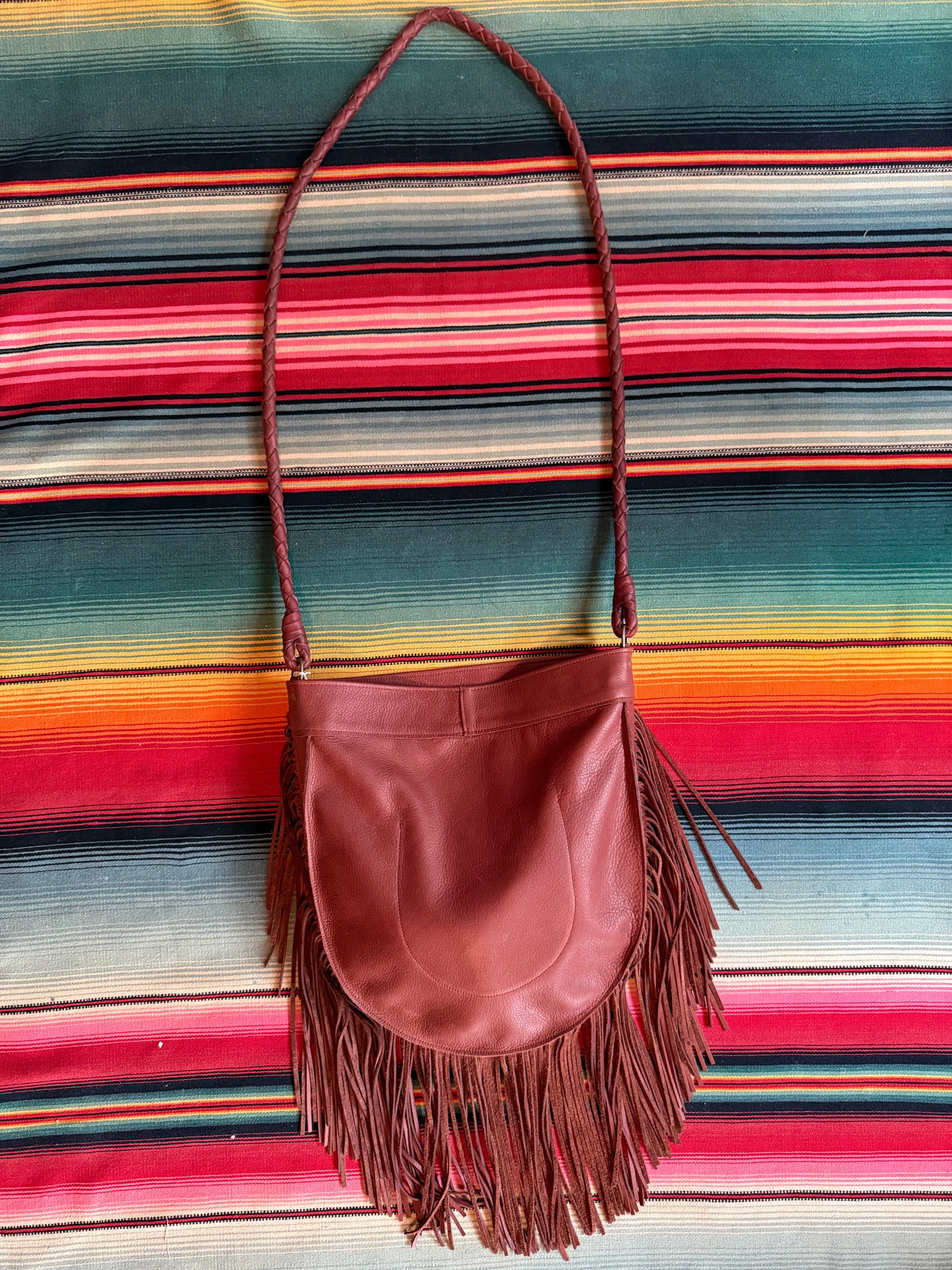 Native Rainbow Bison Skull Studded Fringe Bag (Cognac)