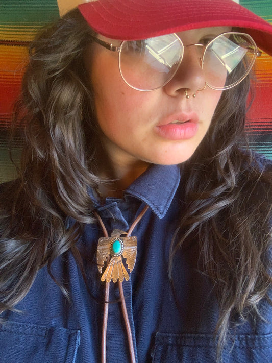 Thunderbird Turquoise Concho Brown Leather Bolo Tie