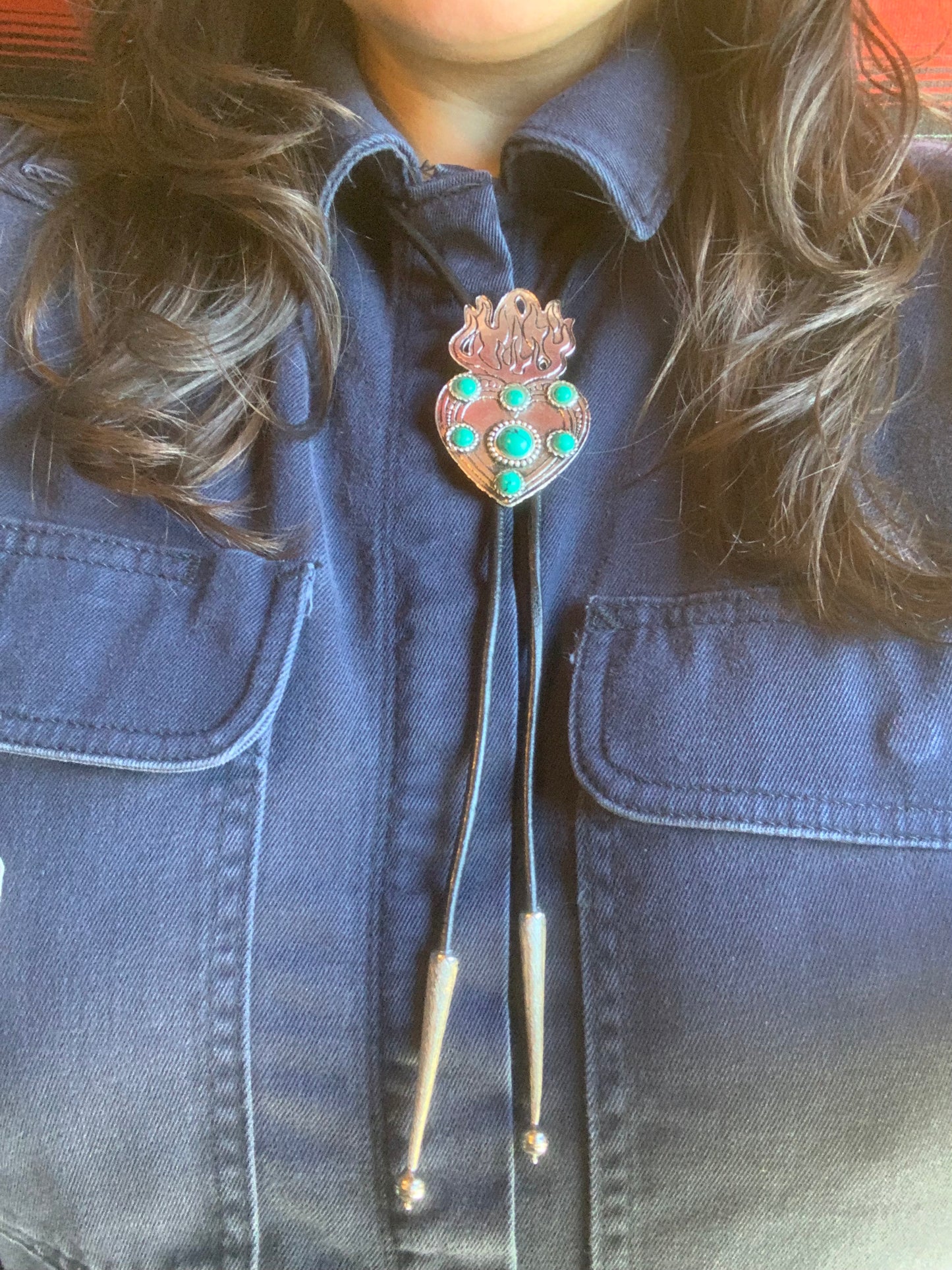 Flaming Heart Turqoiuse Bolo Tie