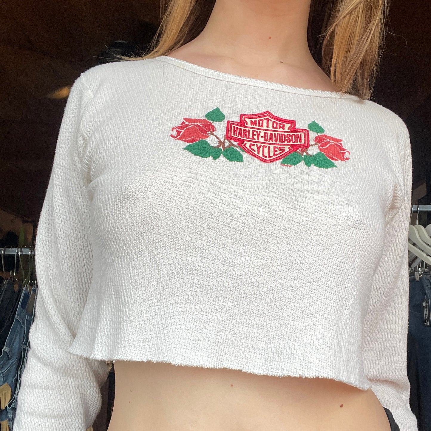 VTG Rare 1990s Harley Davidson Embroidered Rose Cropped Thermal