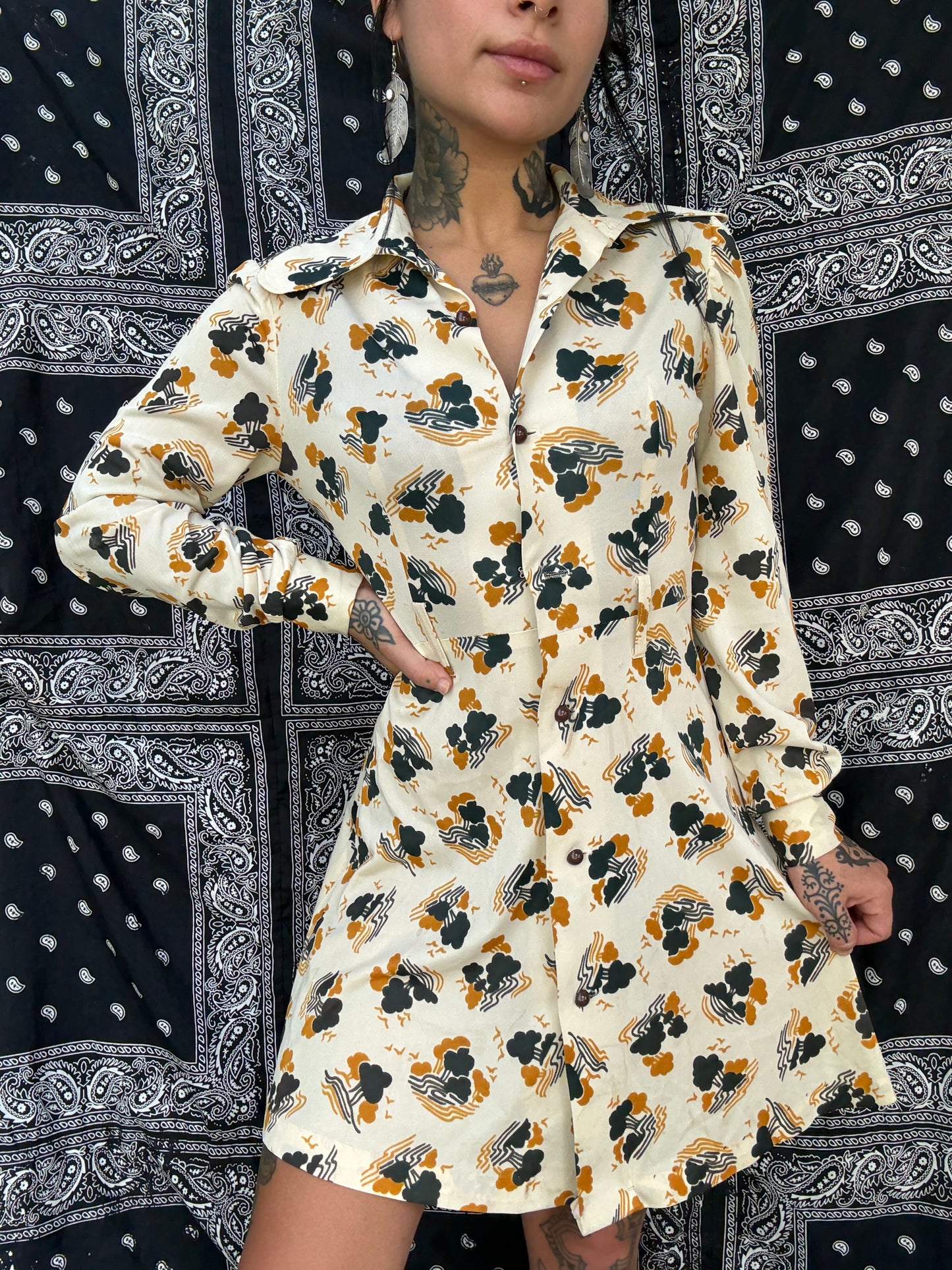 1970s Tree Print Polyester Mini Dress