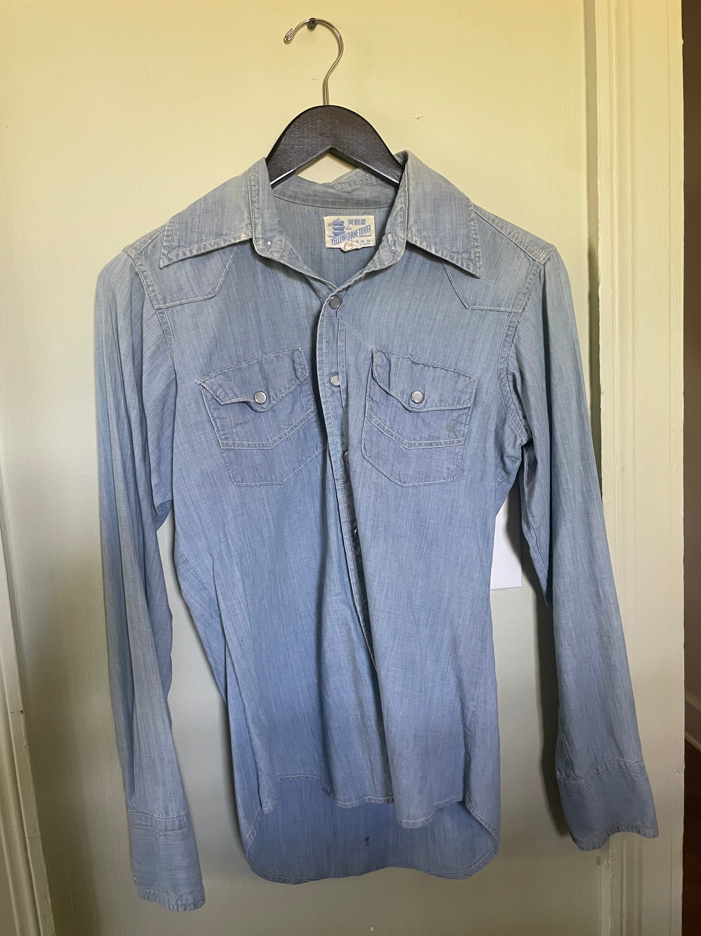 60s Yellow Crane Tower Chambray Pearl Snap