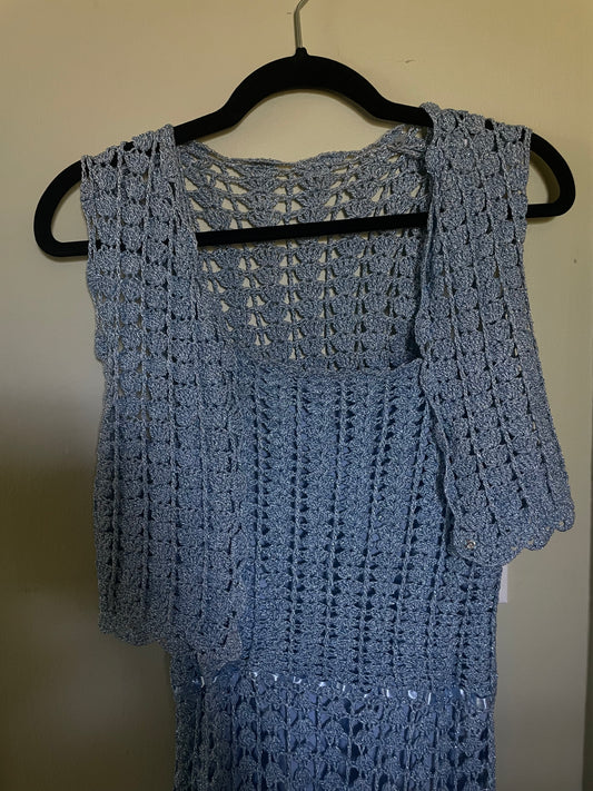 70s Metallic Blue Crochet Dress with Vest