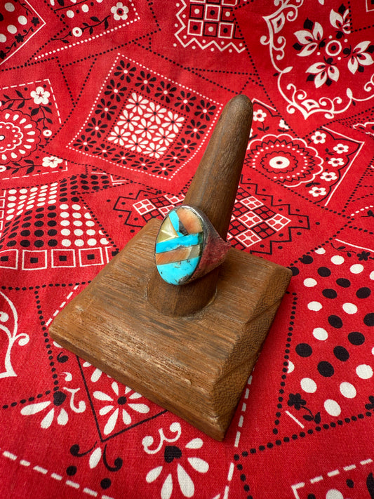 Vintage Zuni turquoise, coral and abalone sterling ring (MA)