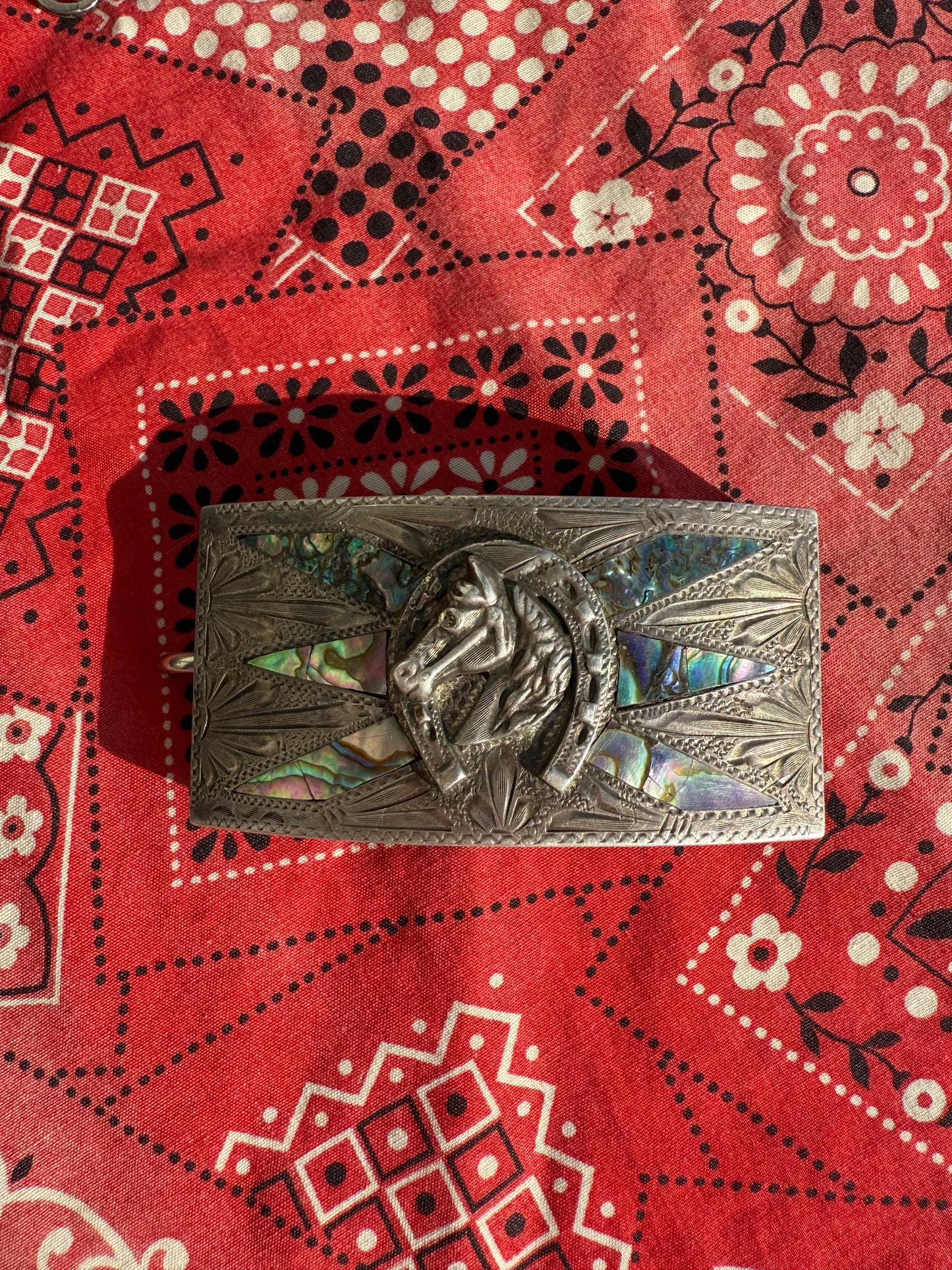 vintage Mexican sterling Silver Horse Head HorseShoe - abalone belt buckle