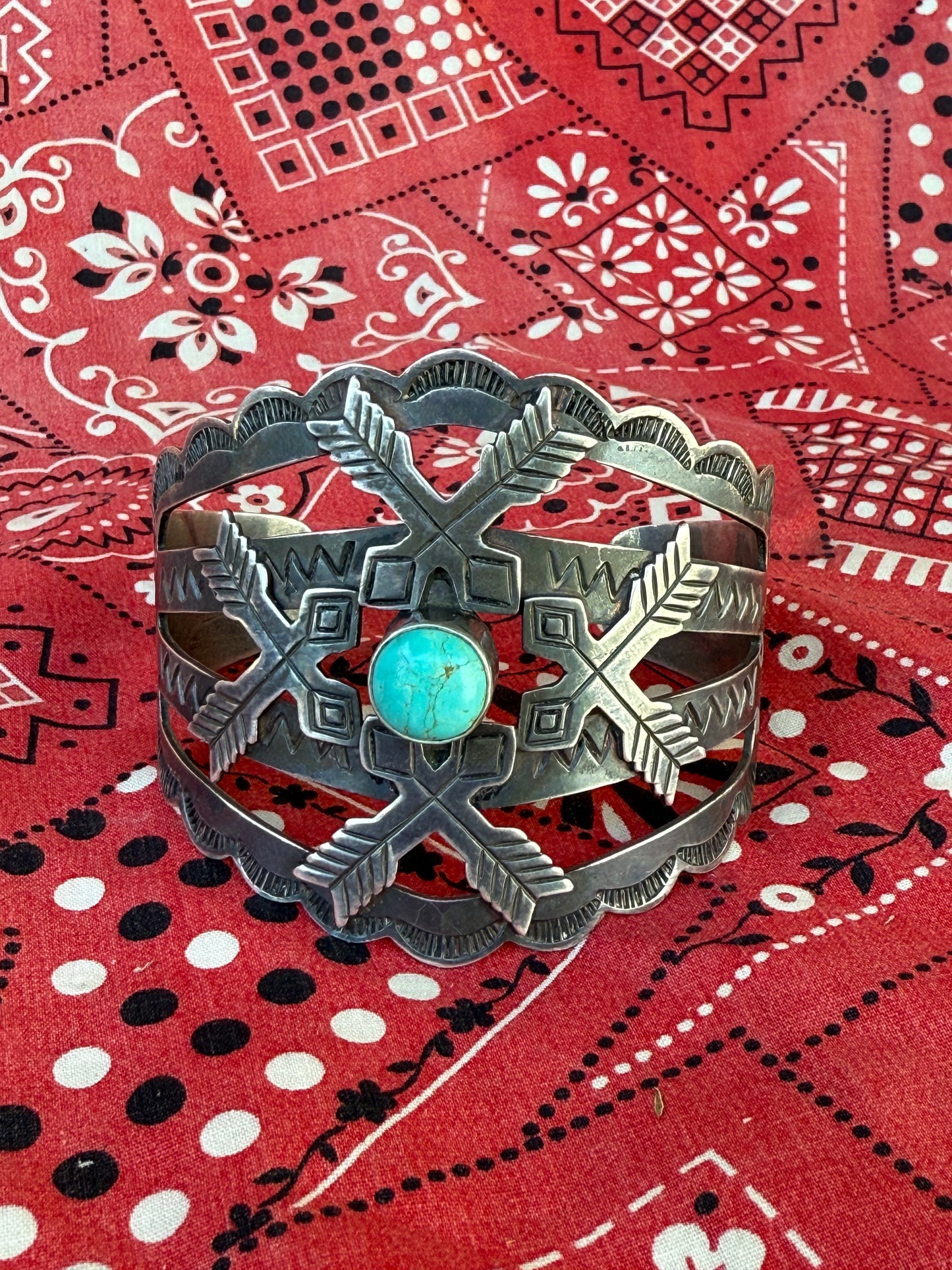 vintage Fred Harvey Era sterling and turquoise crossed arrows cuff (MA)