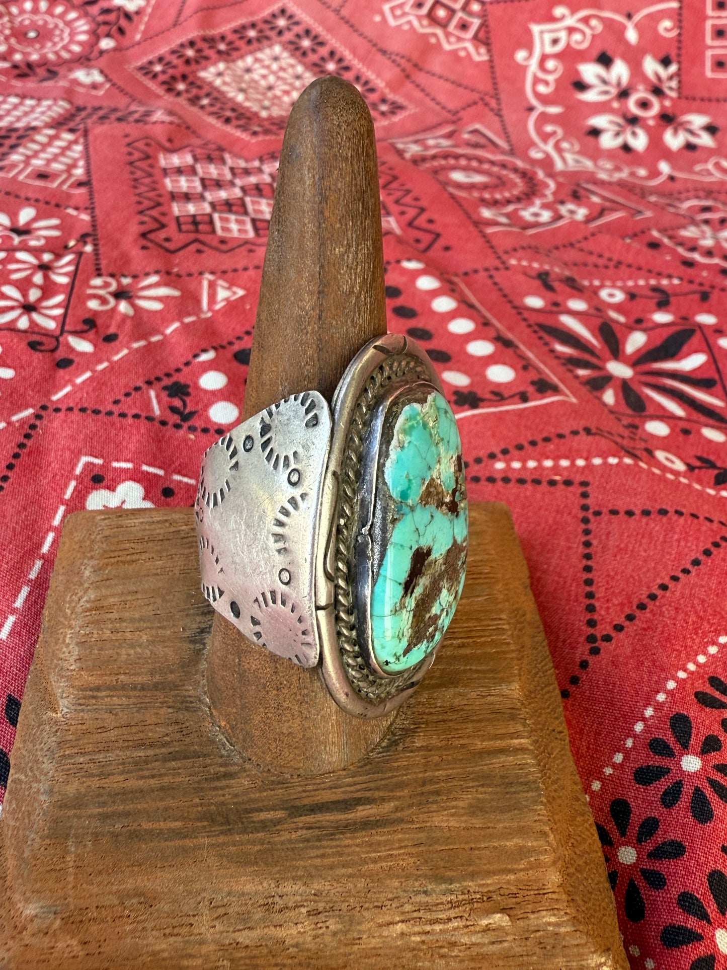 Large Turquoise Stamped Side Panel Ring