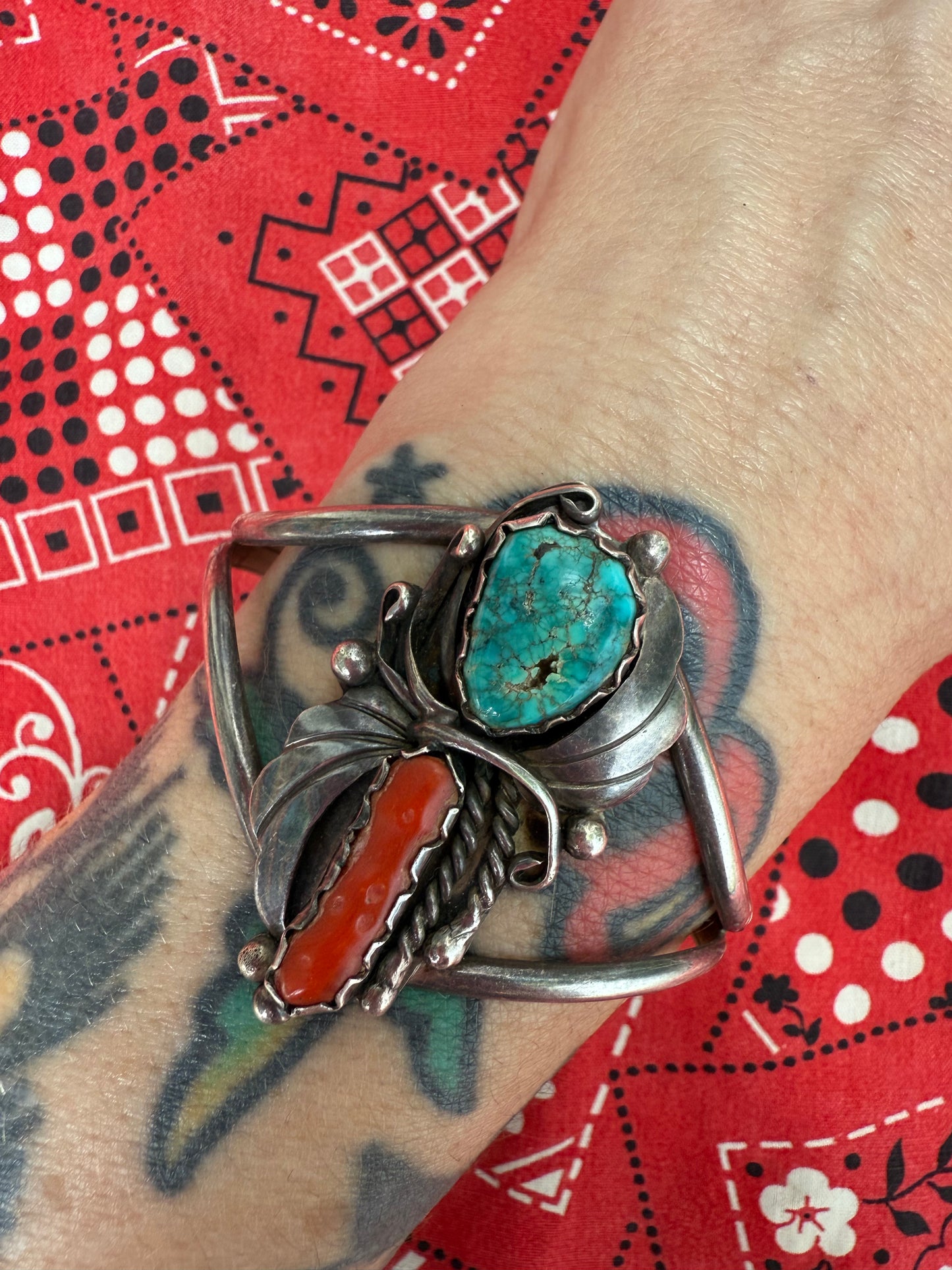 R. Begay Signed Sterling, Turquoise, and Coral Cuff (C)