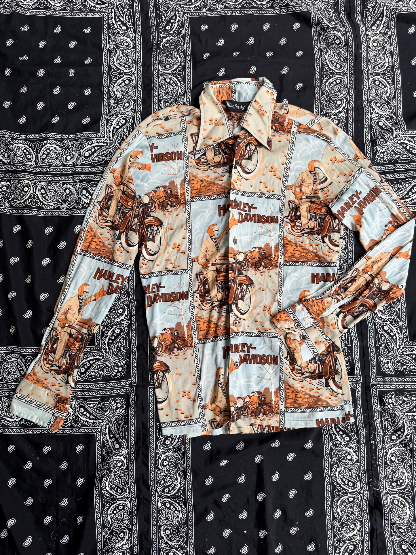 1970s Harley Davidson Print Button Up