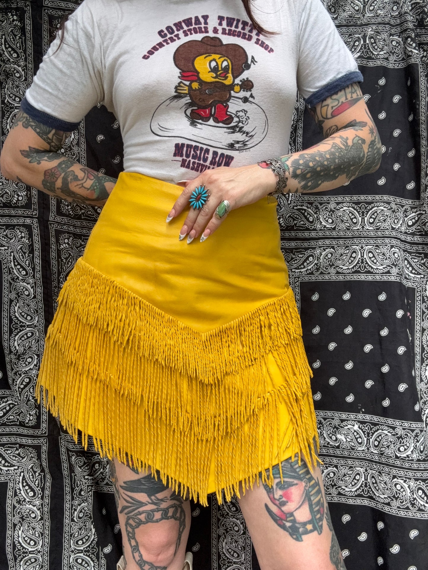 1980s Custom Yellow Leather Fringe Skirt by Mancha