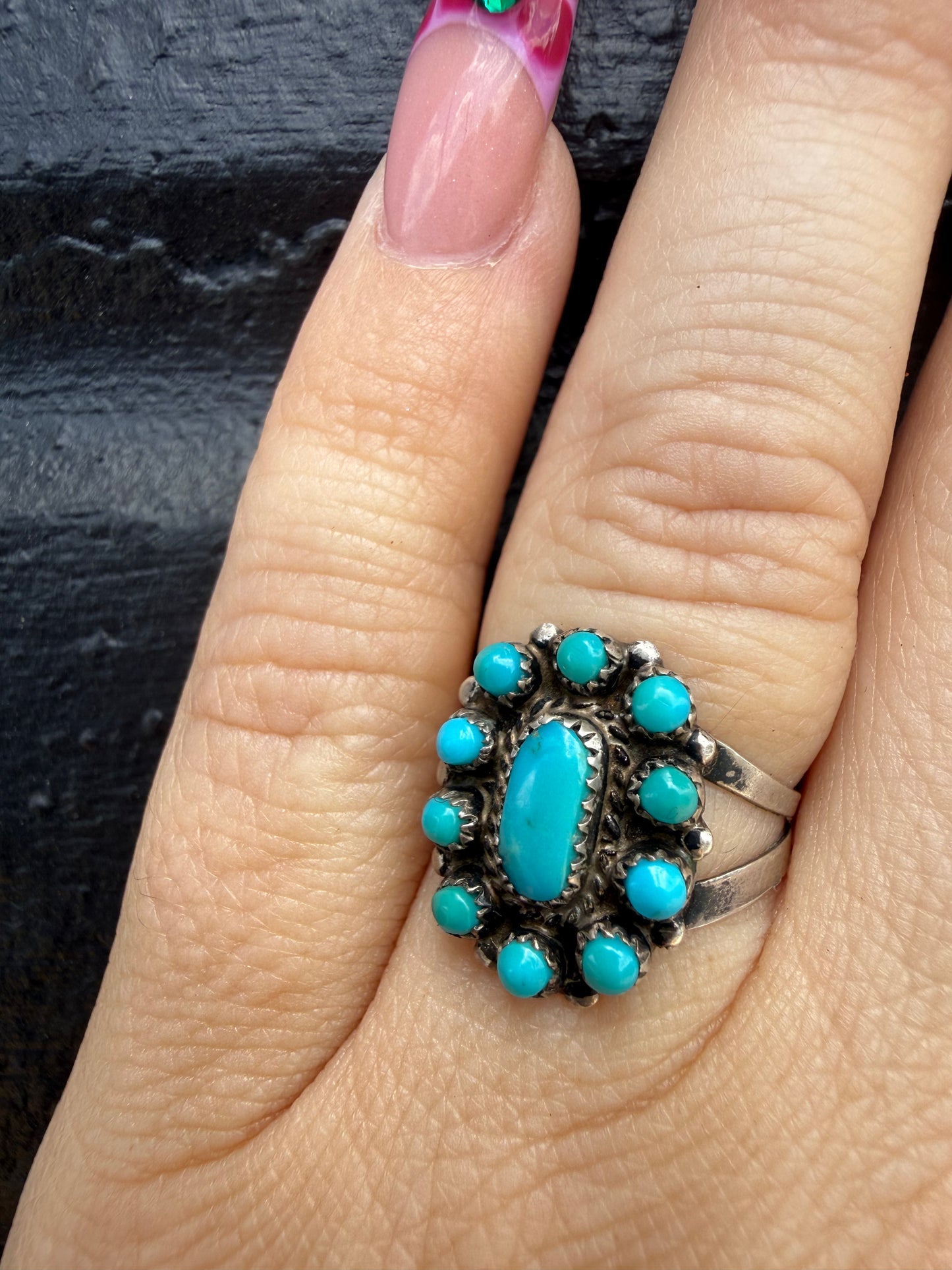 Vintage Zuni sterling and turquoise cluster ring (MA)