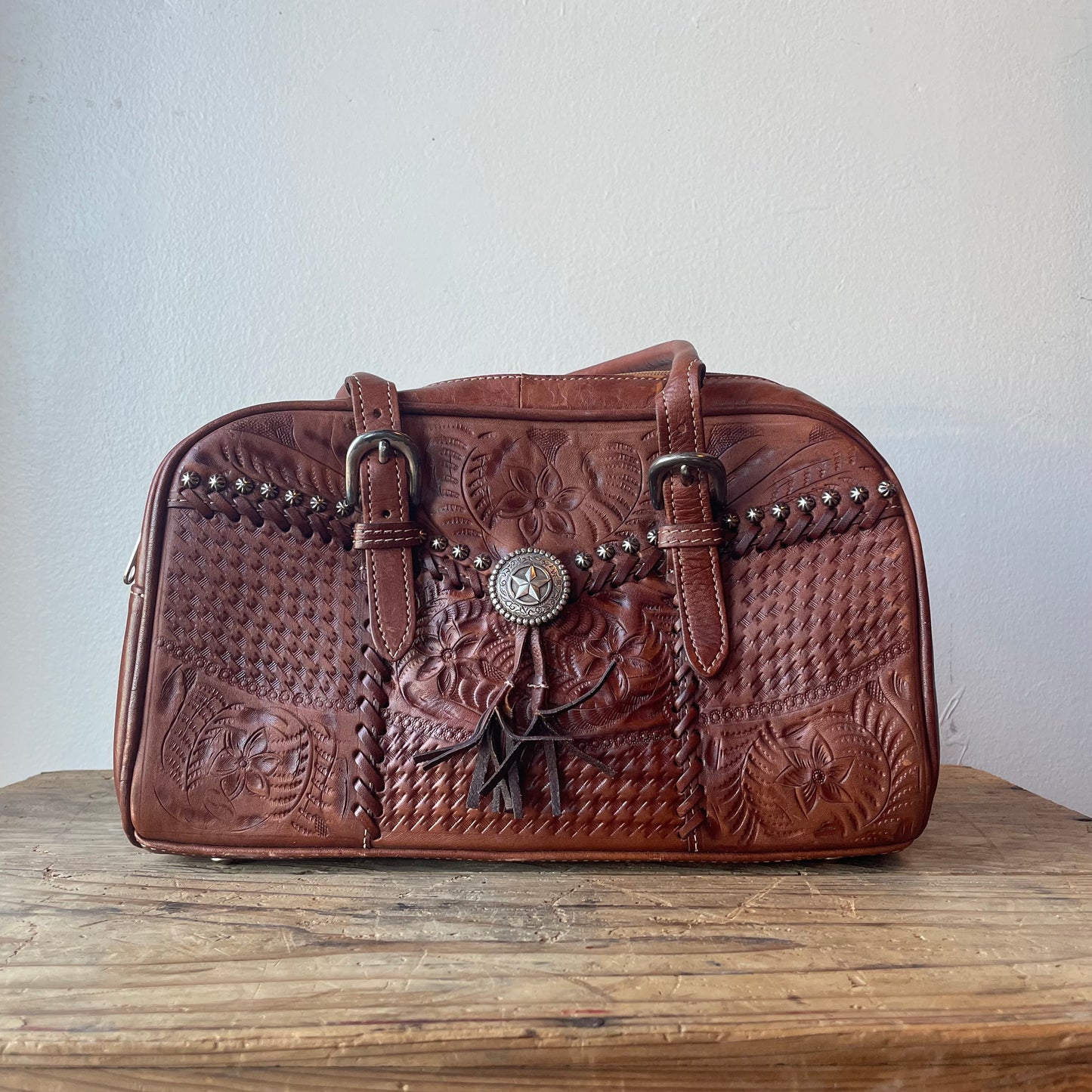VTG Tooled Leather Handle Bag with Studs