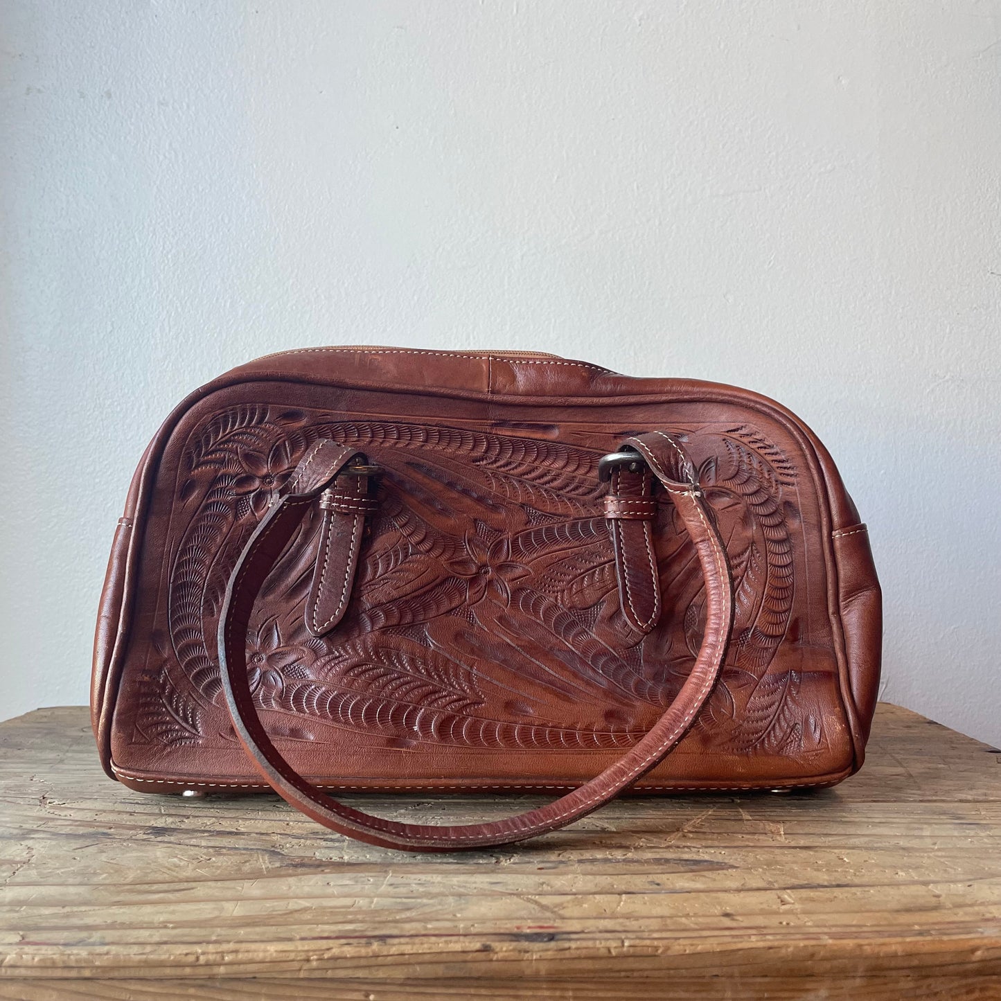 VTG Tooled Leather Handle Bag with Studs