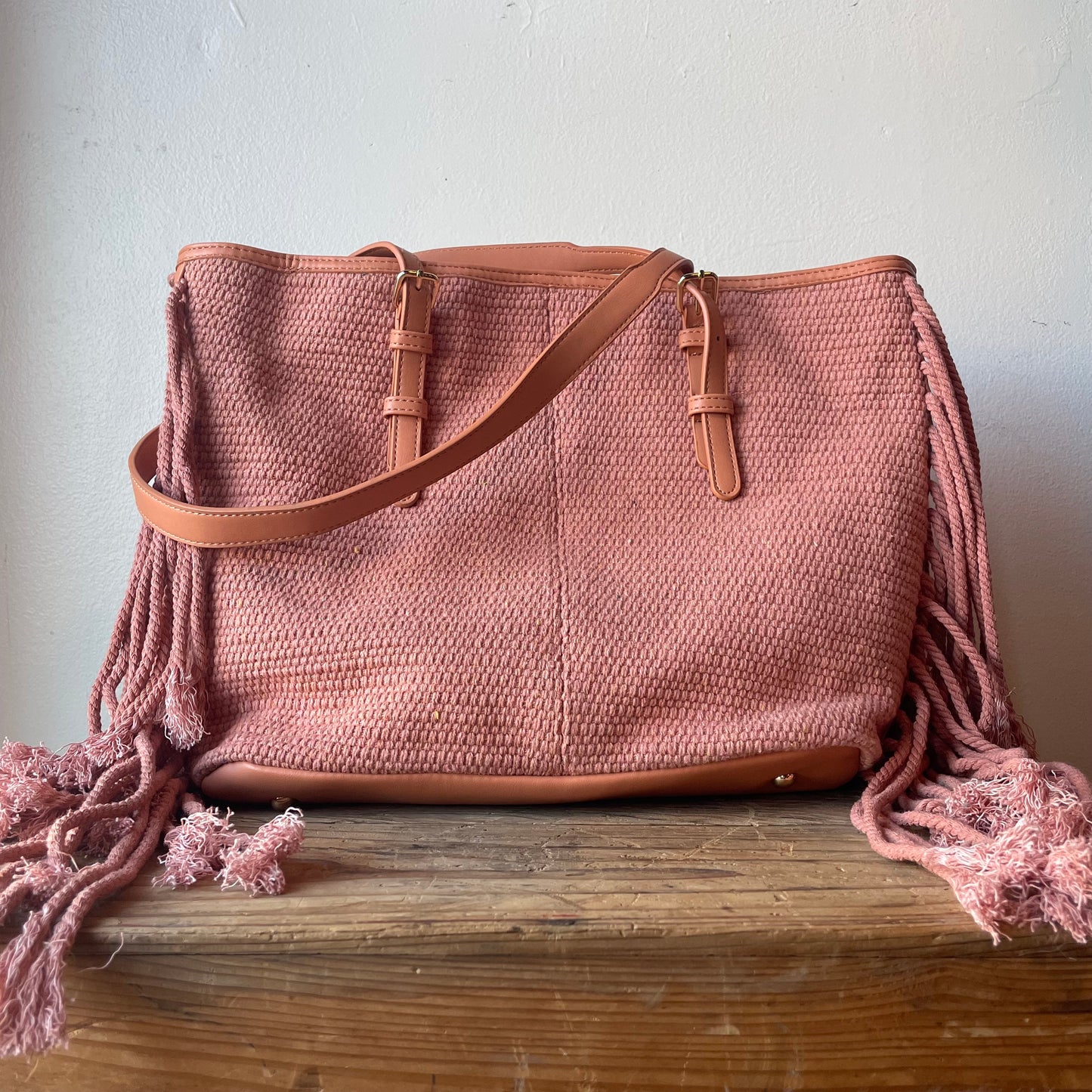 Pink Woven Tote with Fringe