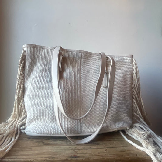 White Woven Tote with Fringe
