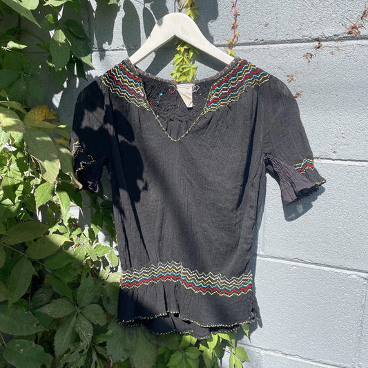 30s Black Hungarian Embroidered Peasant Blouse