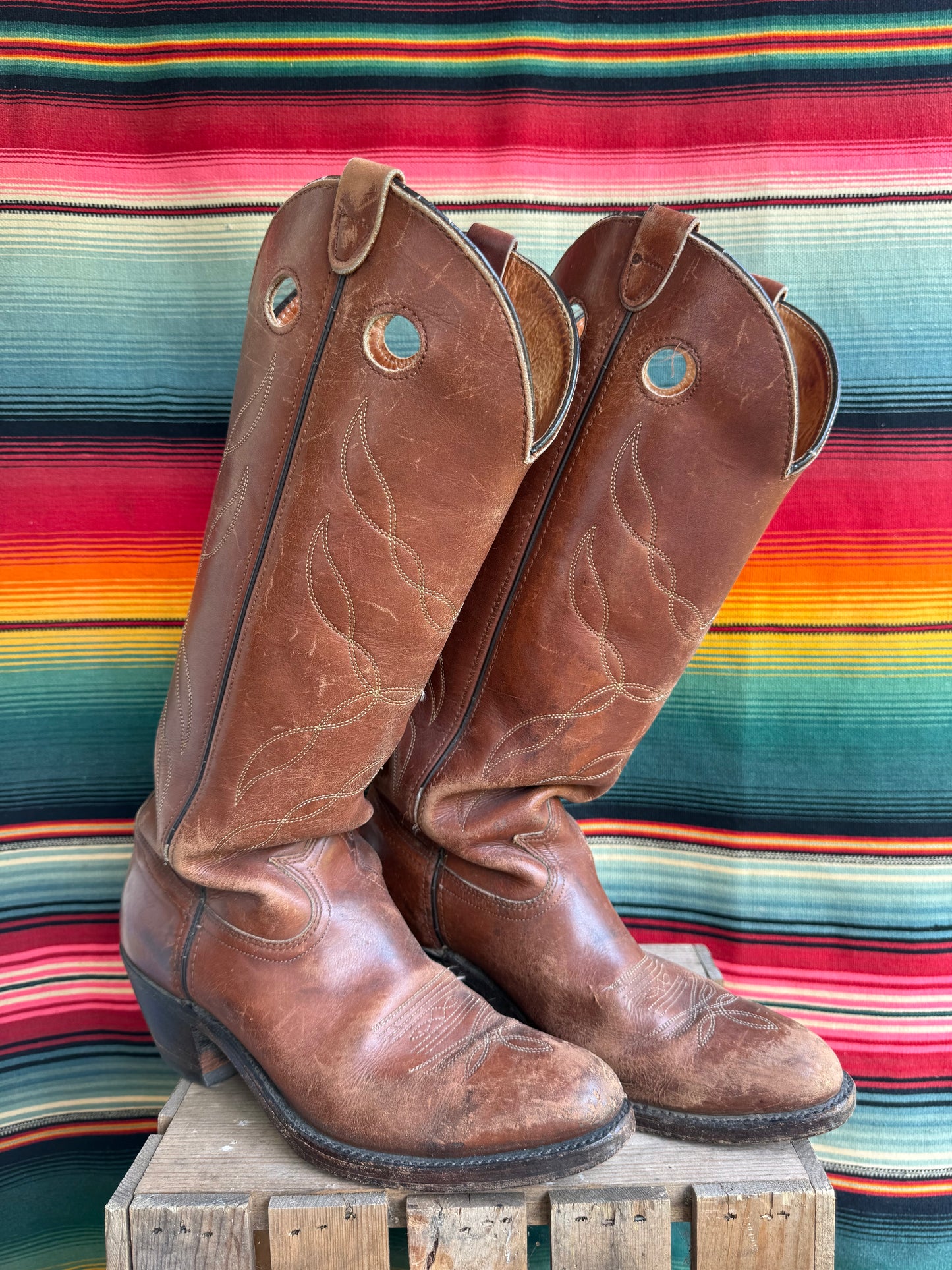 Vintage Tony Lama Brown Leather Cowboy Boots Size 9.5