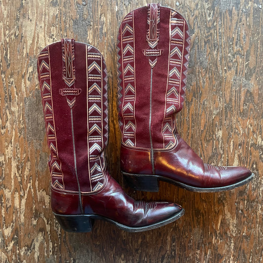 Vintage Lucchese Cowboy Boots Oxblood Red Woven Suede Womens Size 7