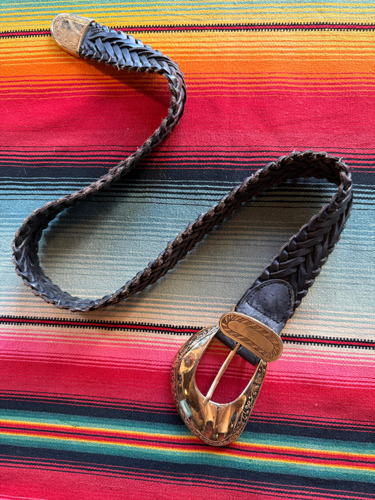 80s/90s Leather Belt with oversized Gold Buckle