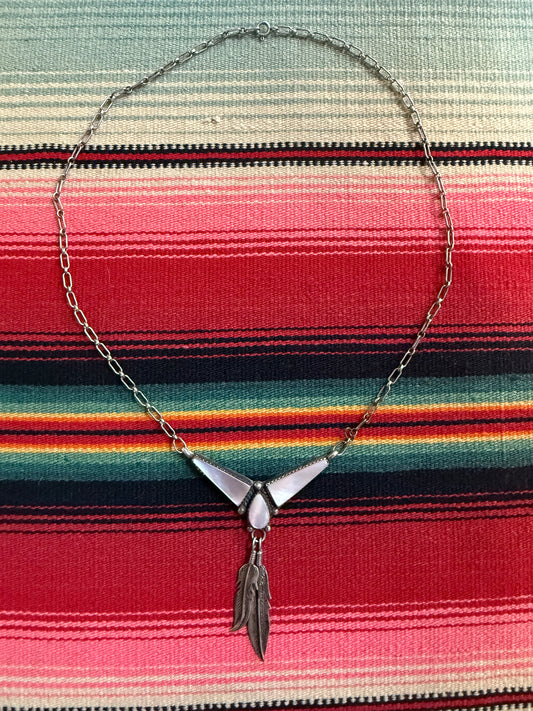 Vintage Sterling and Mother of Pearl Feather Pendant with Chain 8”