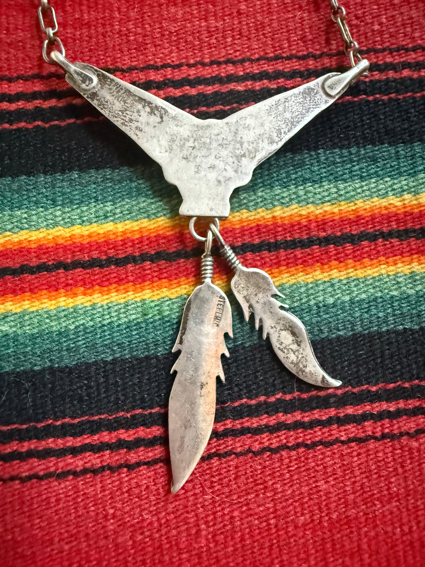 Vintage Sterling and Mother of Pearl Feather Pendant with Chain 8”