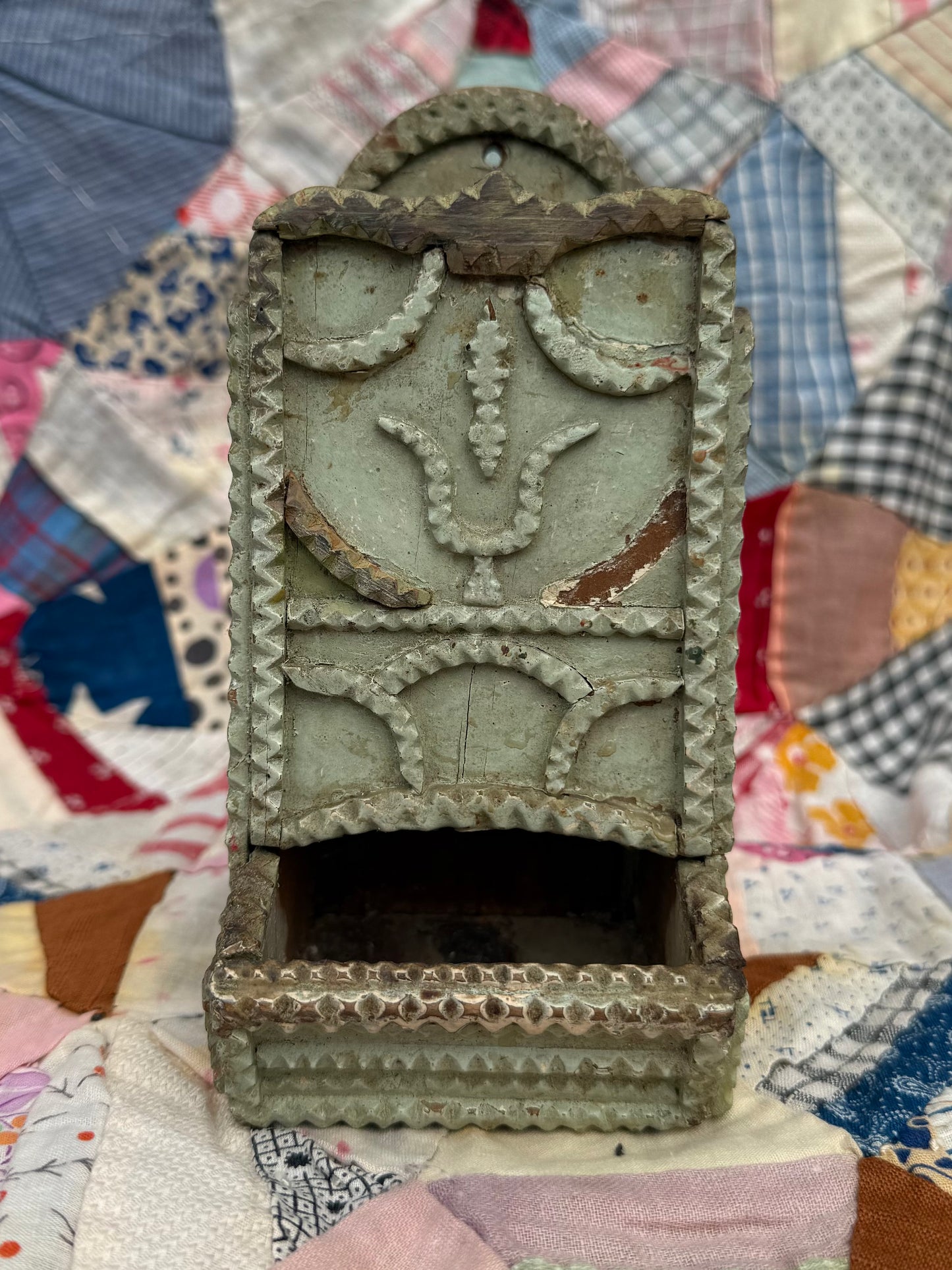 Green Painted Tramp Art Wall Match Holder (PS)