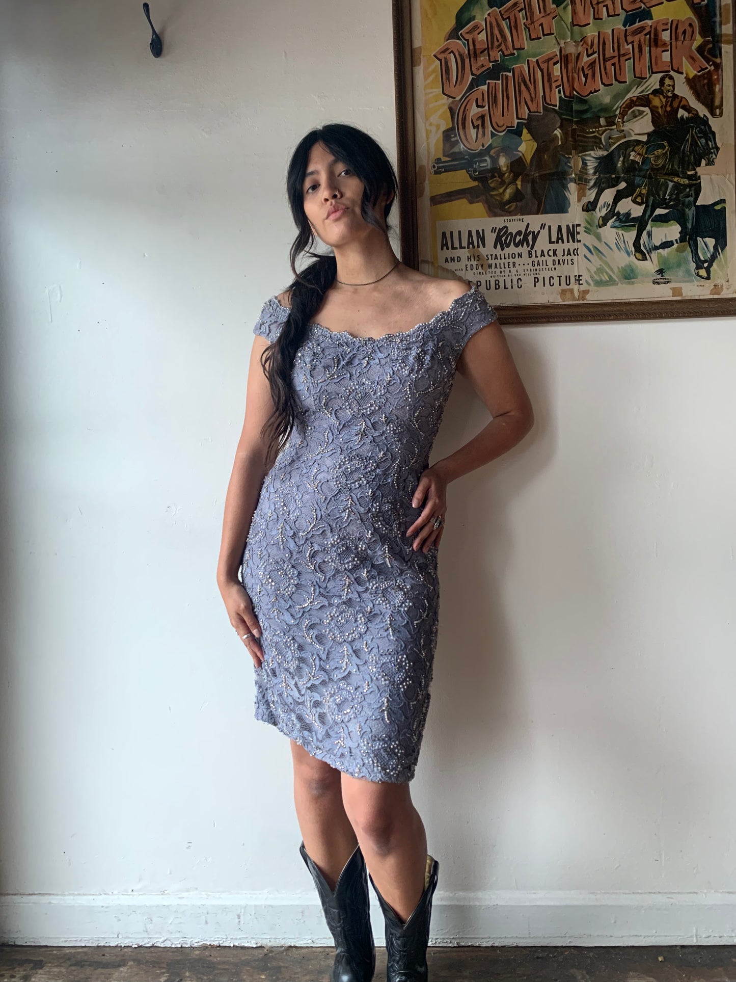1960s Gray Lace Cocktail Dress with Beading by Charlotte's West