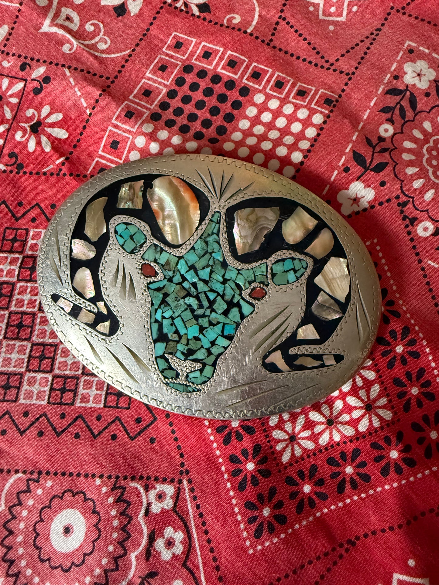 Vinatge Big Horn Sheep turquoise, coral and abalone belt buckle