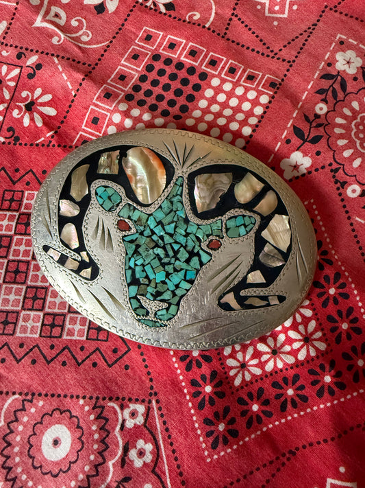 Vinatge Big Horn Sheep turquoise, coral and abalone belt buckle