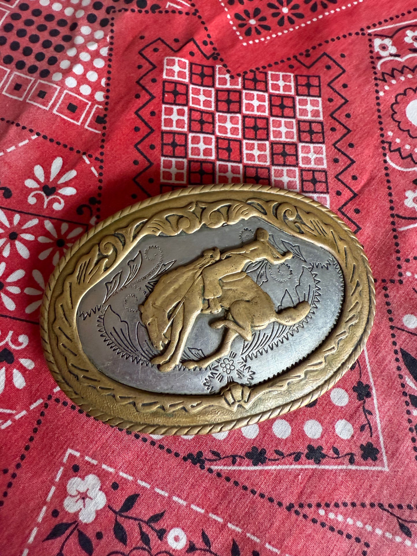 Vintage German Silver bucking bronco and rider belt buckle