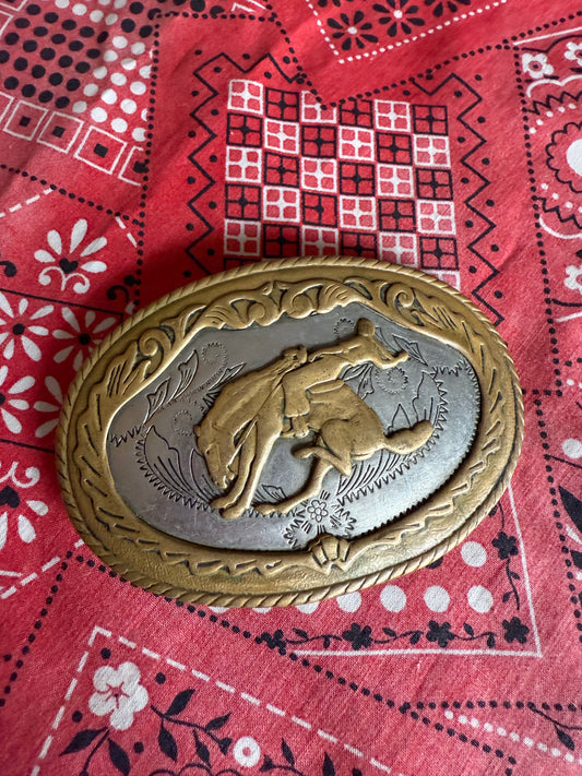 Vintage German Silver bucking bronco and rider belt buckle (MA)