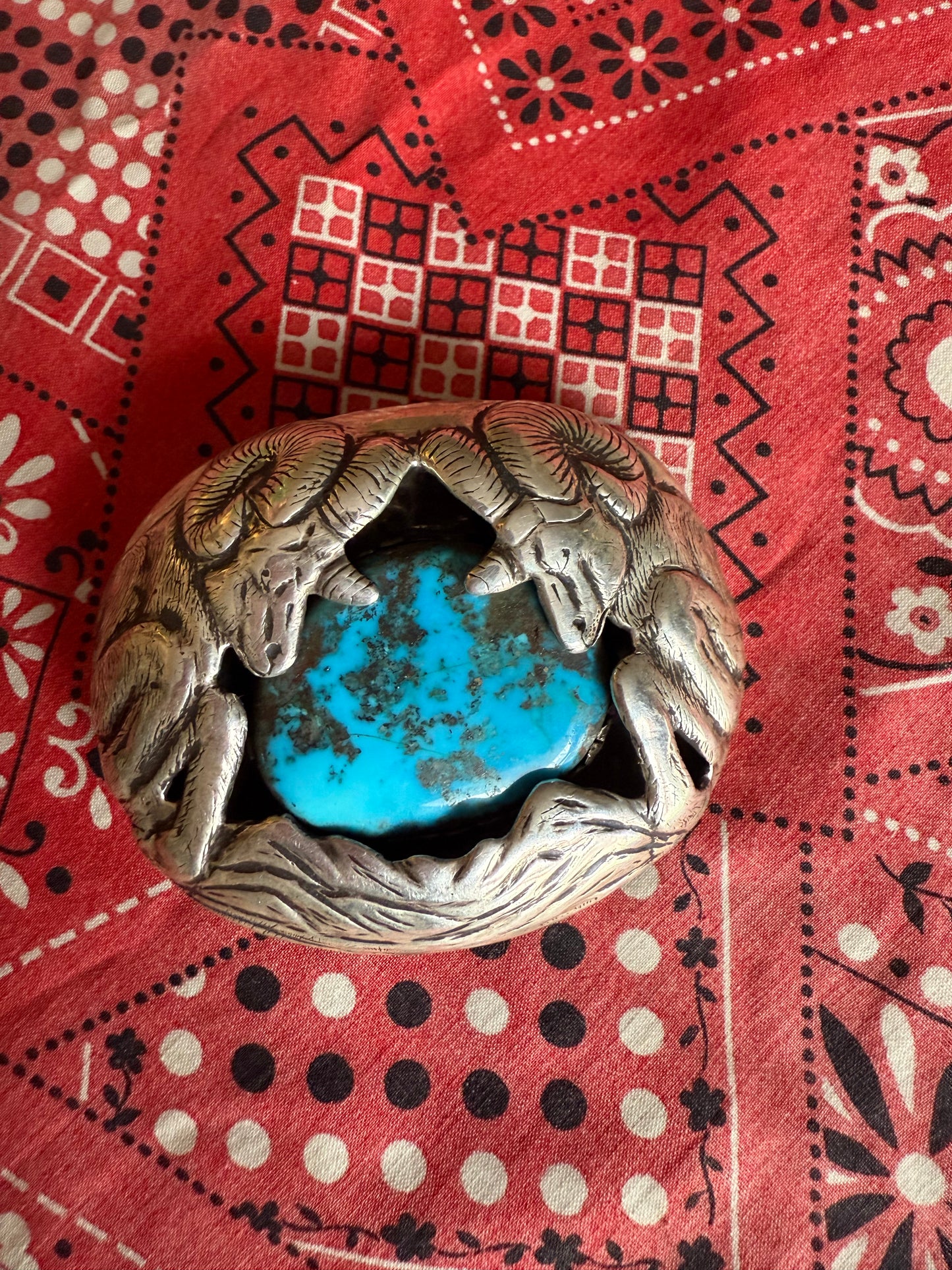 Vintage Artist signed sterling and turquoise big horn sheep belt buckle
