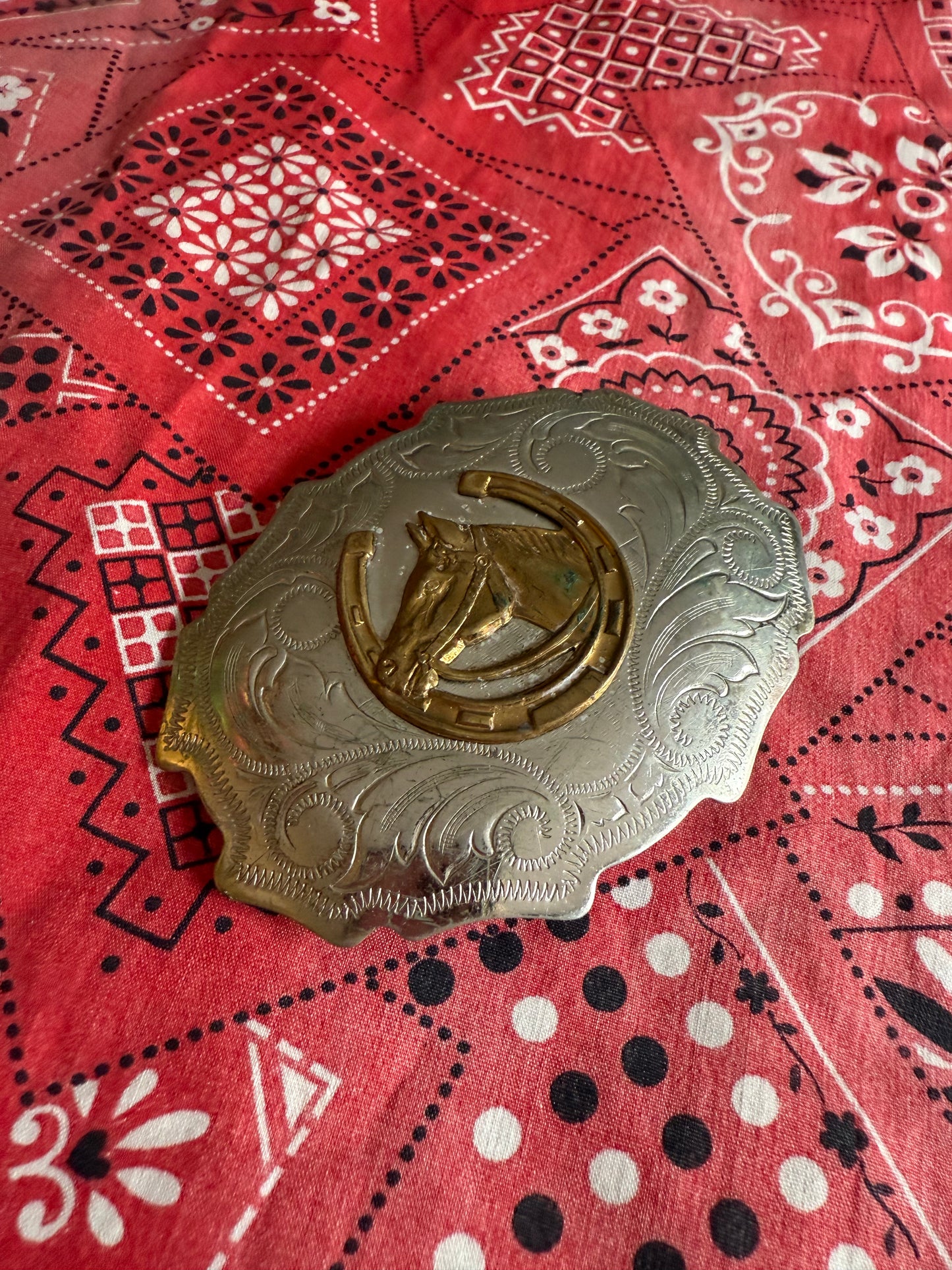 Vintage Nickel Silver Horse Head and Shoe belt buckle