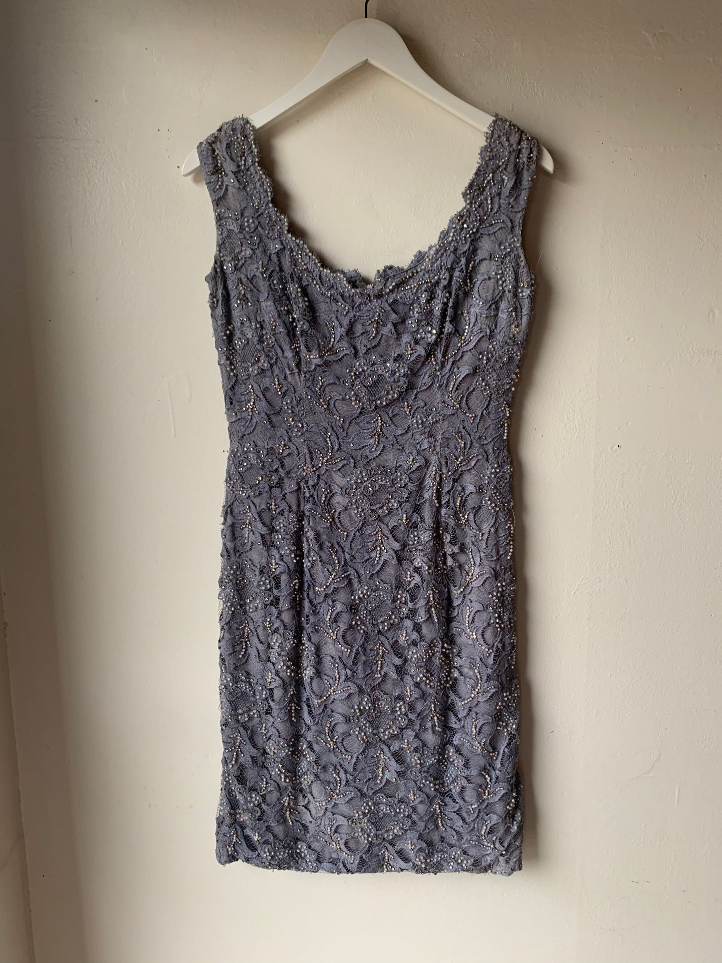 1960s Gray Lace Cocktail Dress with Beading by Charlotte's West