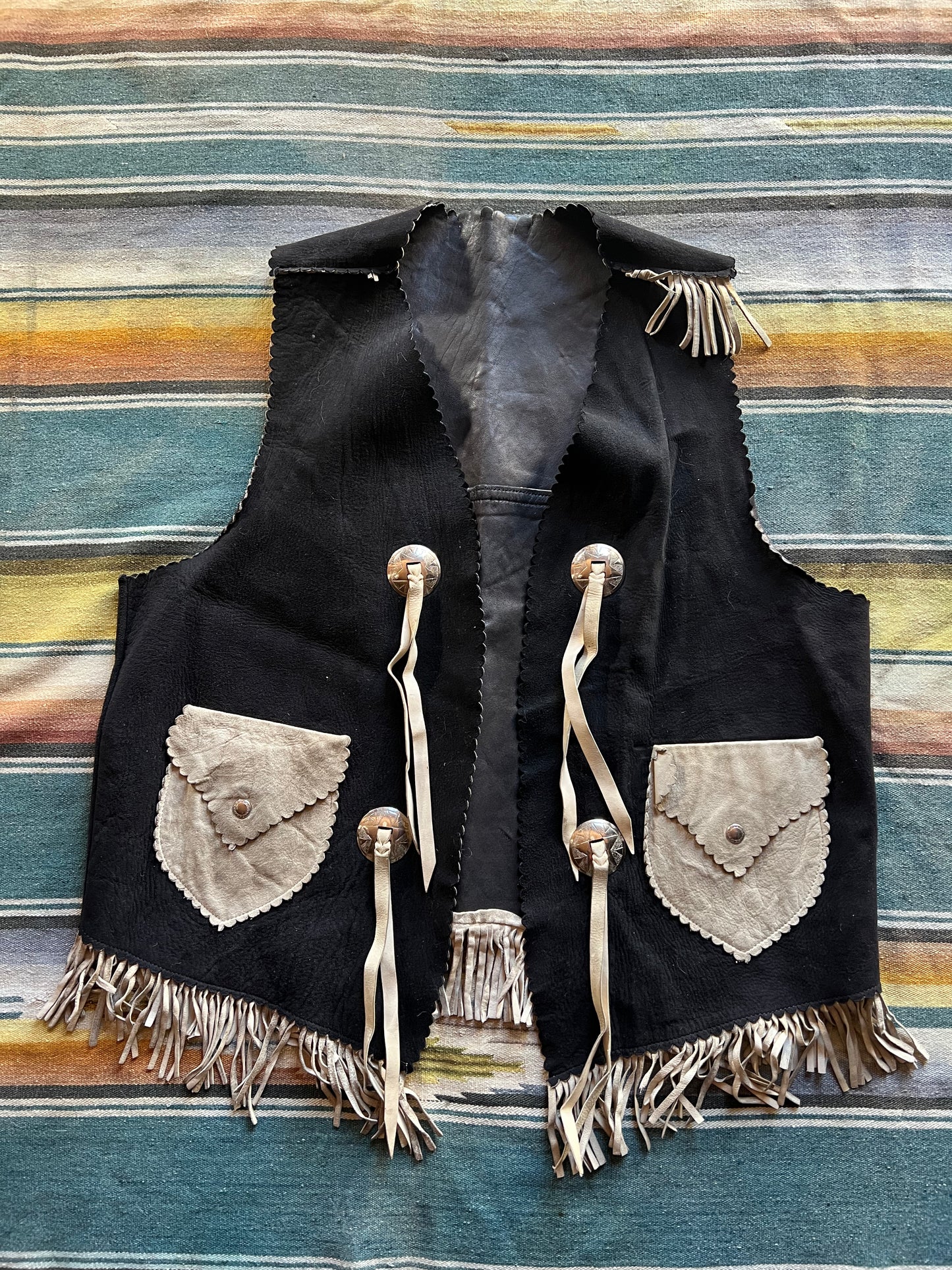 Vtg Leather Fringe Concho Vest