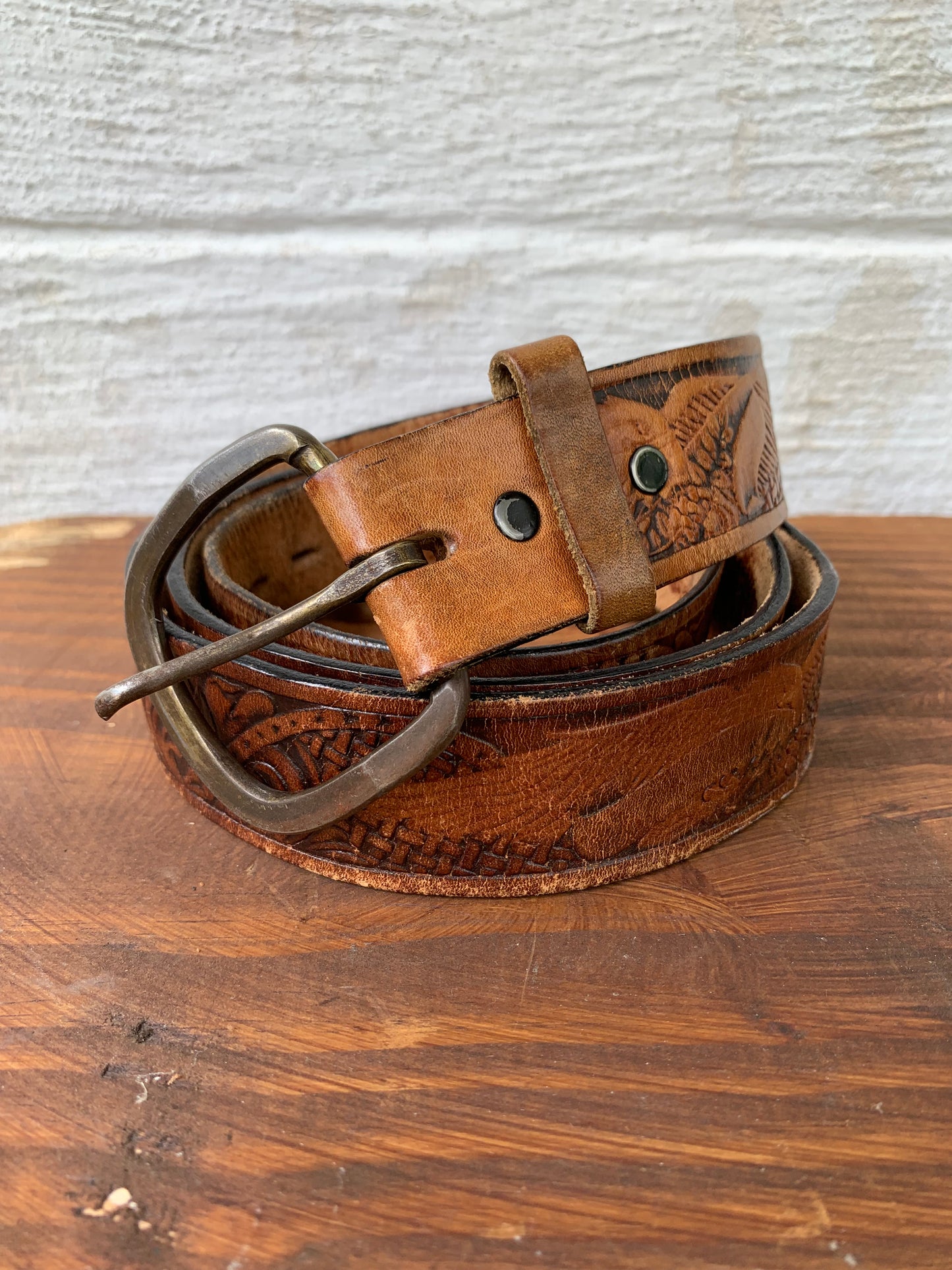 Brown Tooled Leather Belt with Eagle Design