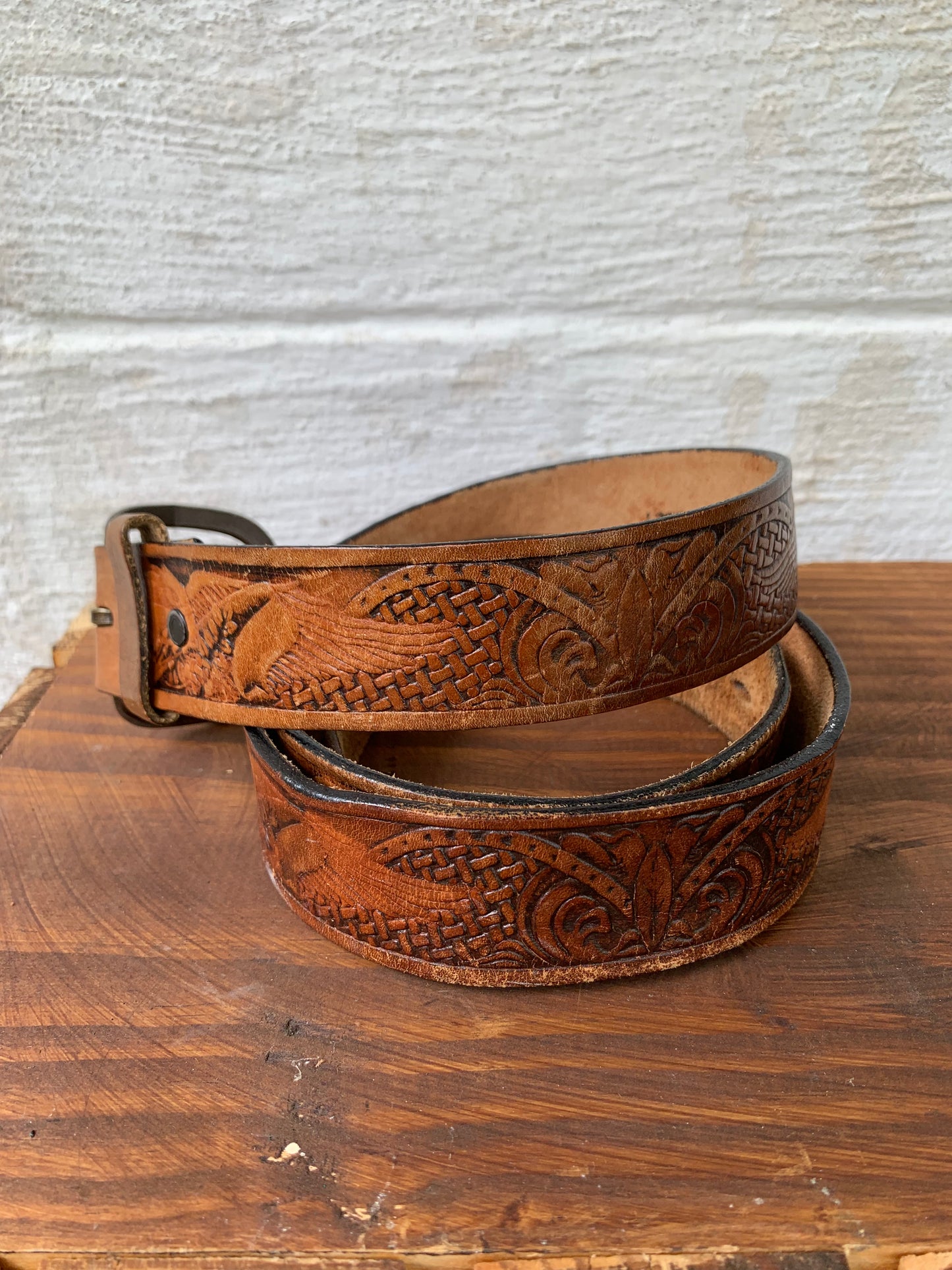 Brown Tooled Leather Belt with Eagle Design