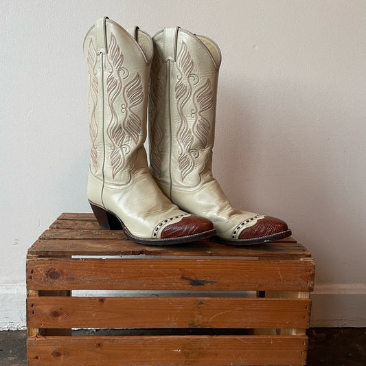 Vintage Justin Cream Womens Cowboy Boots Size 8.5