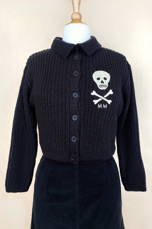 MM Skull Knit Cropped Collared Sweater in Black