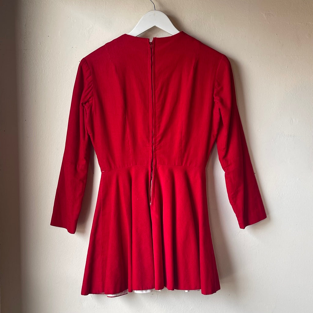 Red Corduroy Mini Dress with Silver Frog Closures