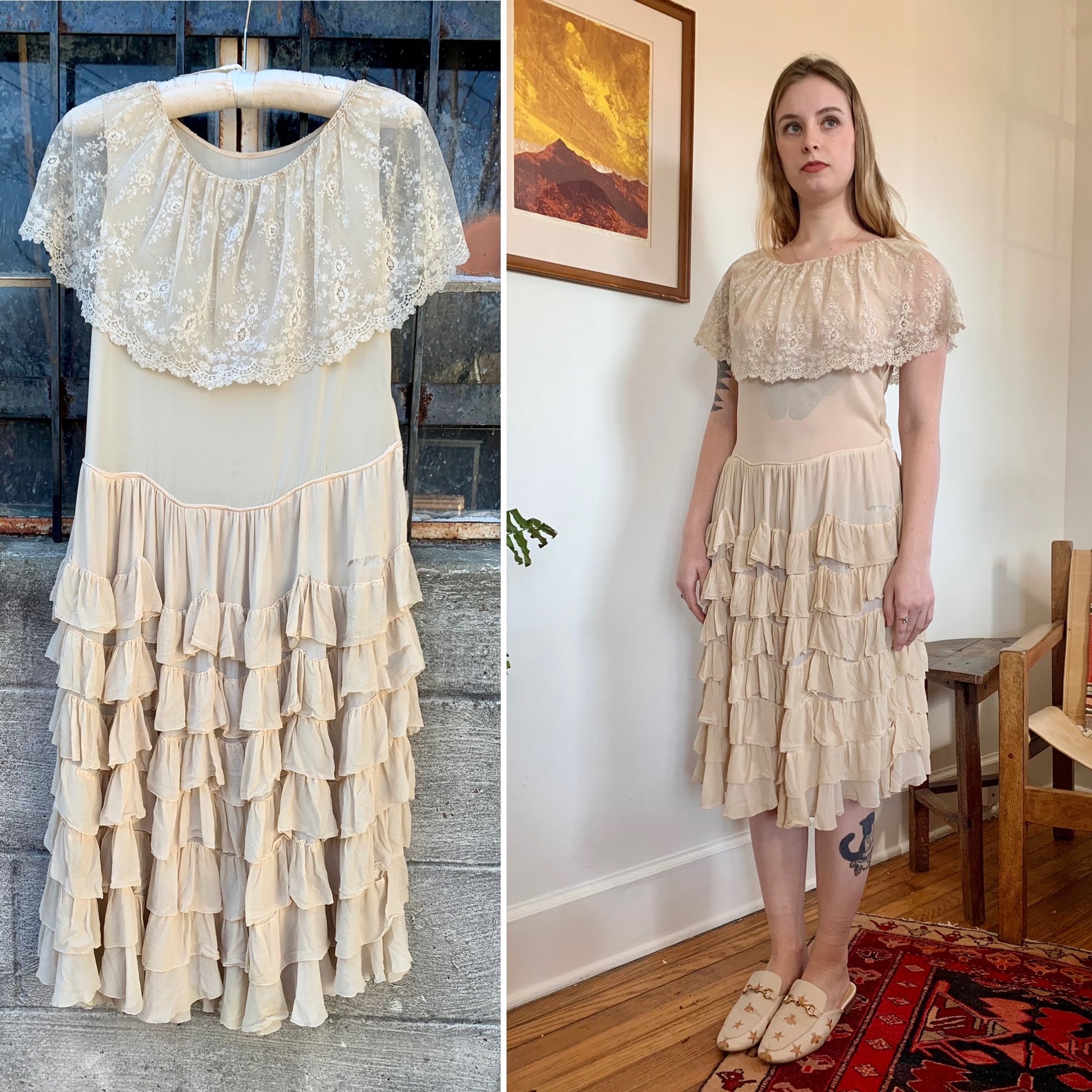 old fashioned frilly dress Ivory Lace Ruffle Dress Vintage Princesscore Aesthetic Outfit Lacemade Cream / L