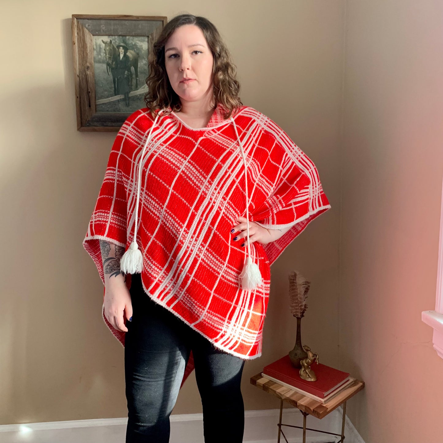 Red Knit Poncho Sweater (one size fits most)