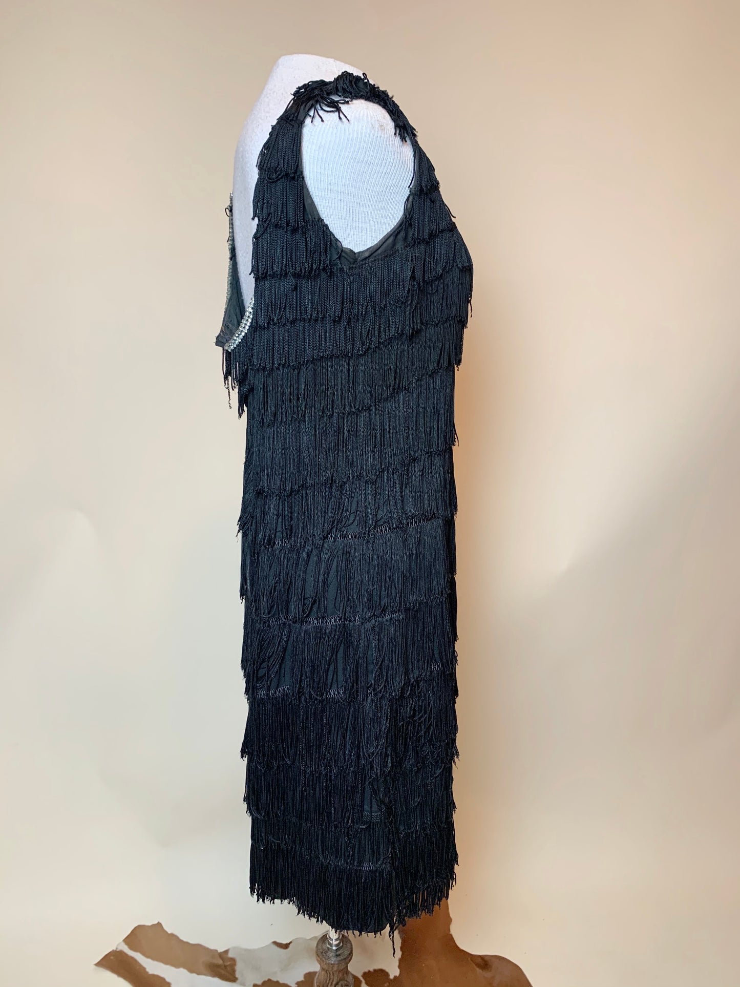 Vintage Black Fringe Bedazzled Flapper Dress (L)