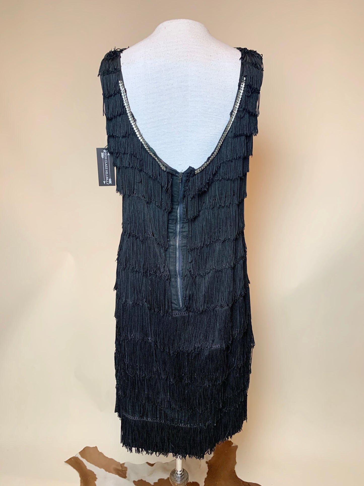 Vintage Black Fringe Bedazzled Flapper Dress (L)
