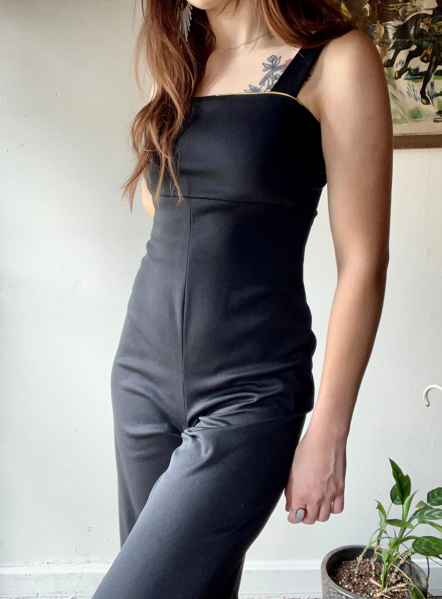 70s Black Disco Jumpsuit w/ Gold Piping (S)