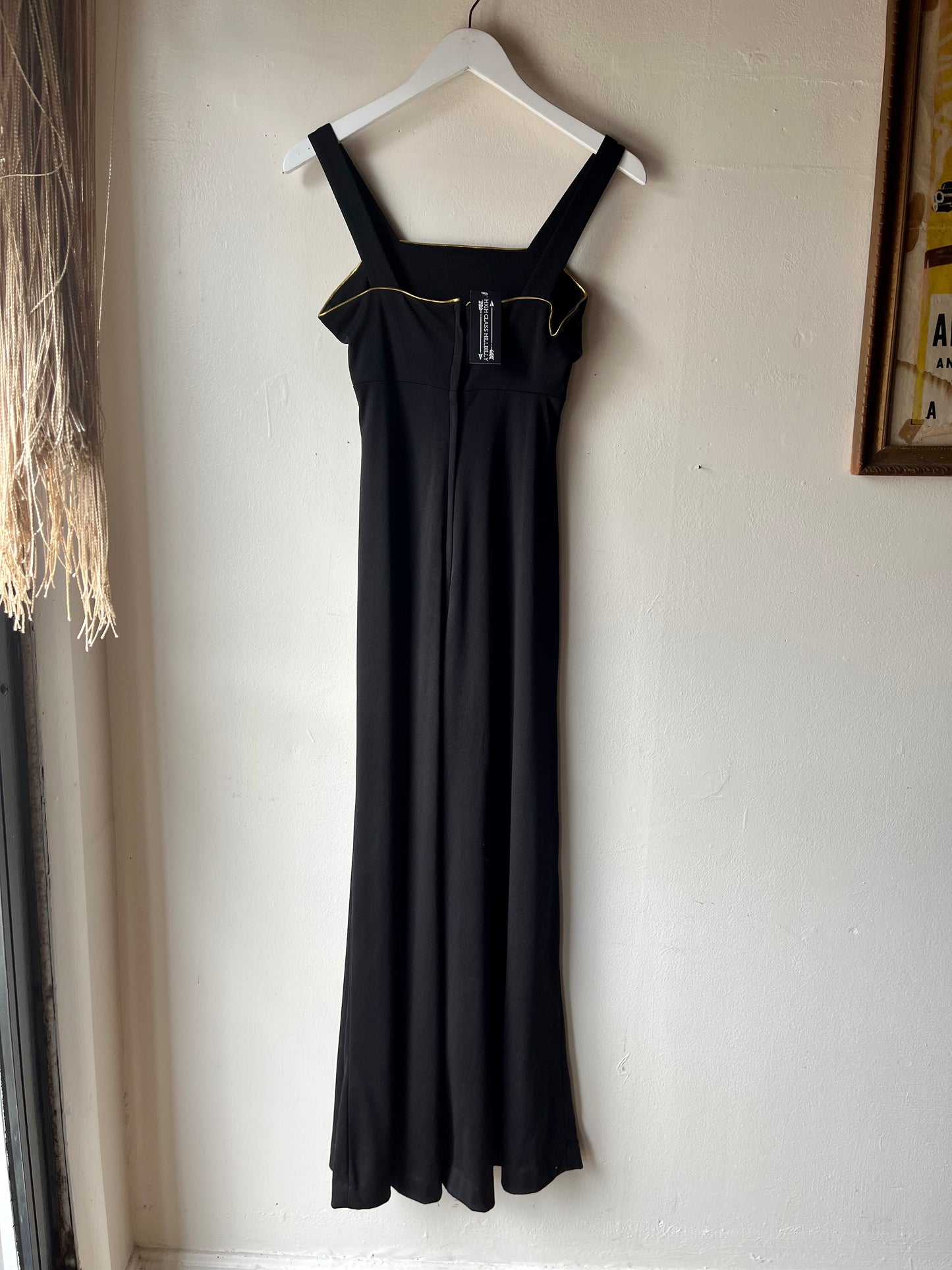70s Black Disco Jumpsuit w/ Gold Piping (S)
