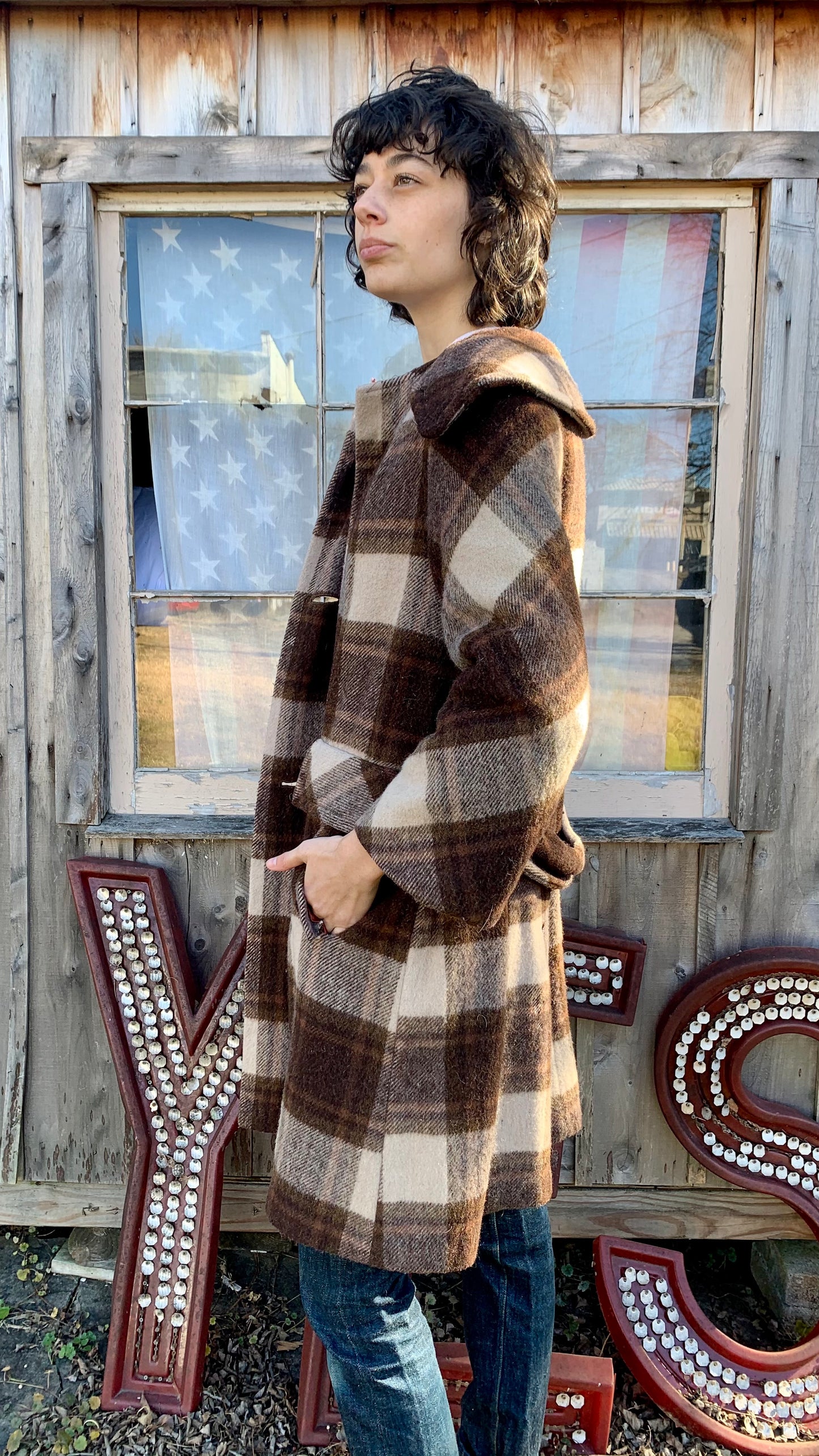 1960s Brown Plaid Wool Coat (S)
