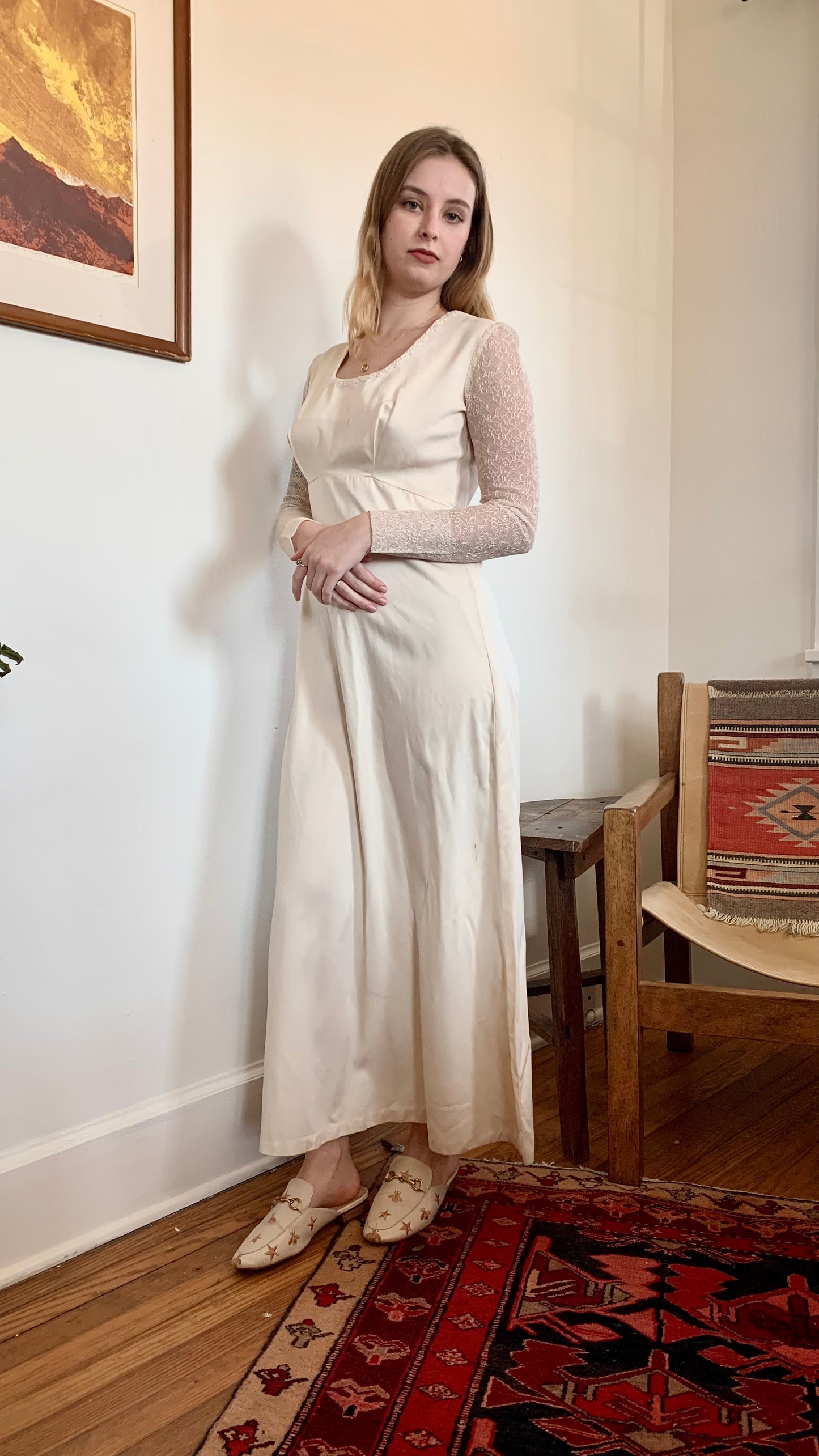 1970s Handmade Ecru Silk Wedding Dress (size 4)