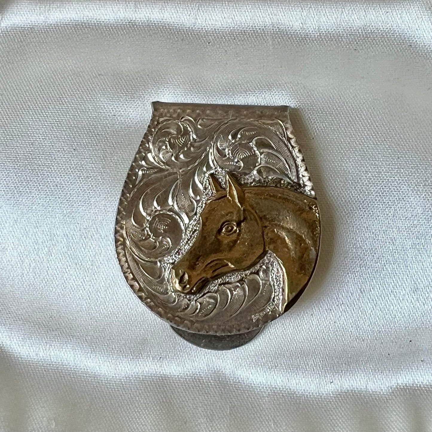 Vtg. Silver Plated Etched Stallion Money Clip