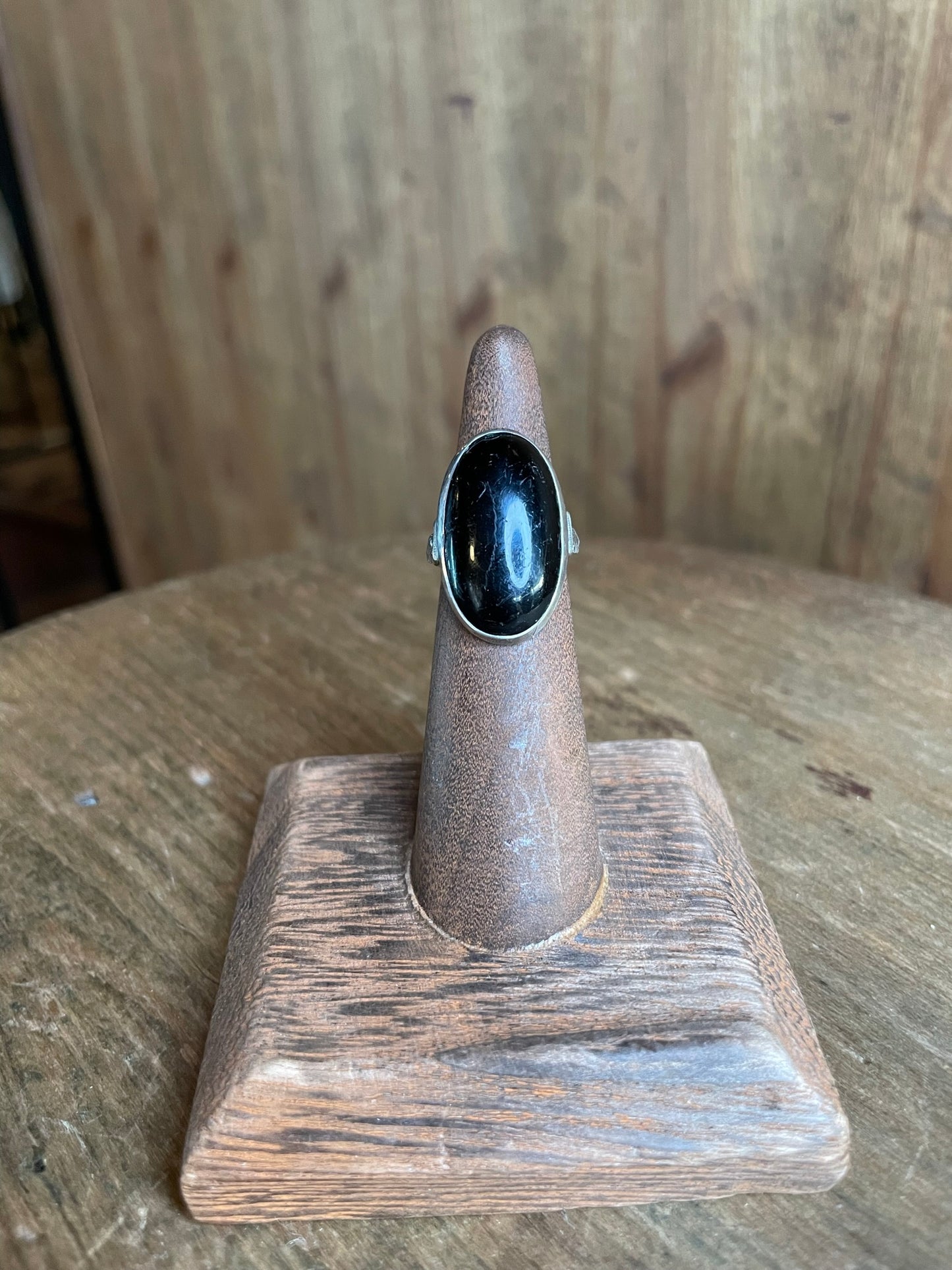 Silver Oval Ring with Black Stone